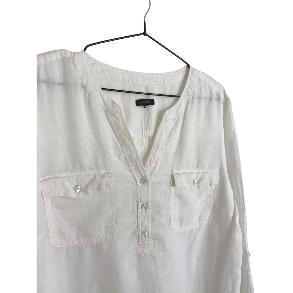 Talbots Womens Coastal Beach Summer Linen Tunic Top Roll Tab White L